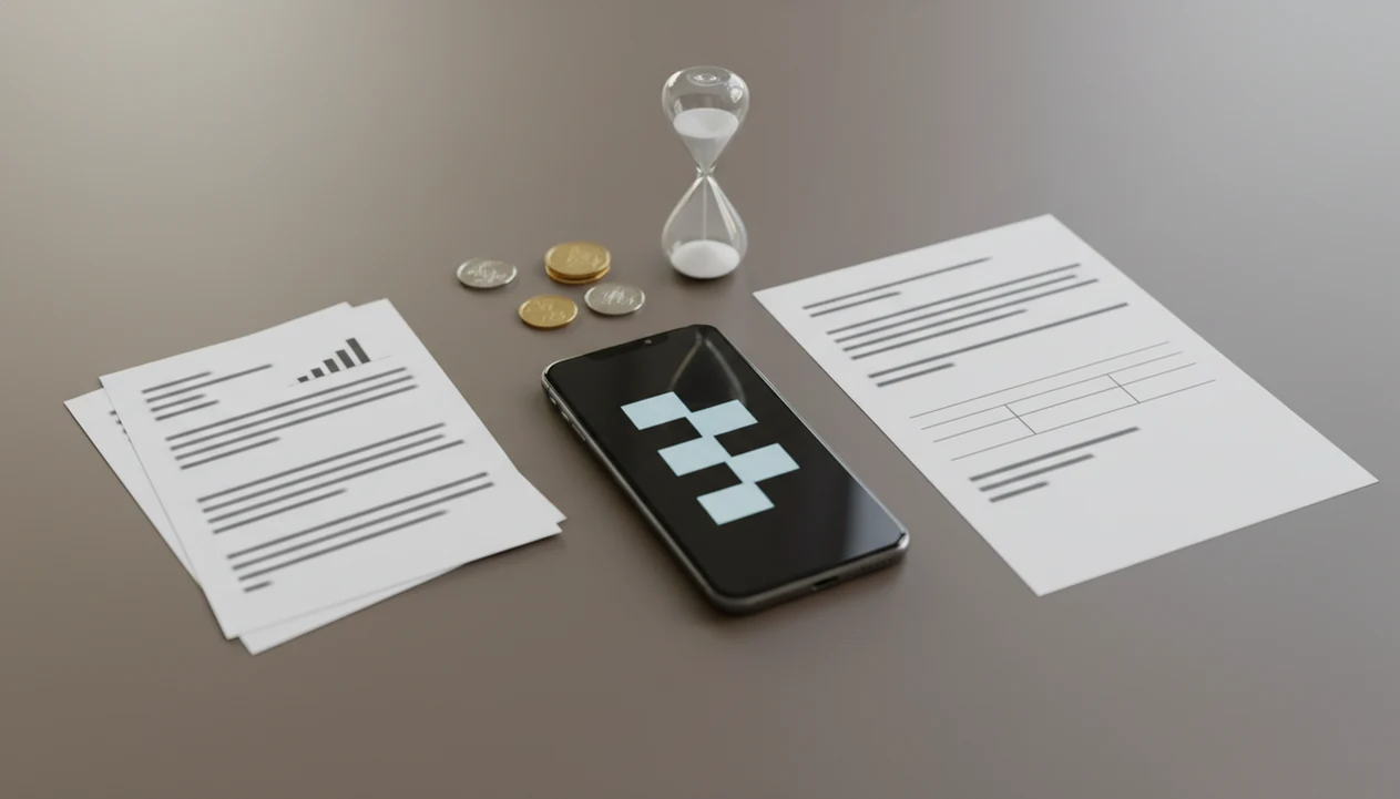A phone sits between paper documents, coins, and an hourglass to suggest PDF conversion value.