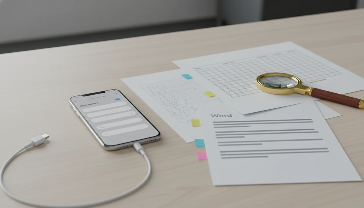 A phone, PDF pages, and a magnifying glass arranged for diagnosing a failed PDF to Word conversion.
