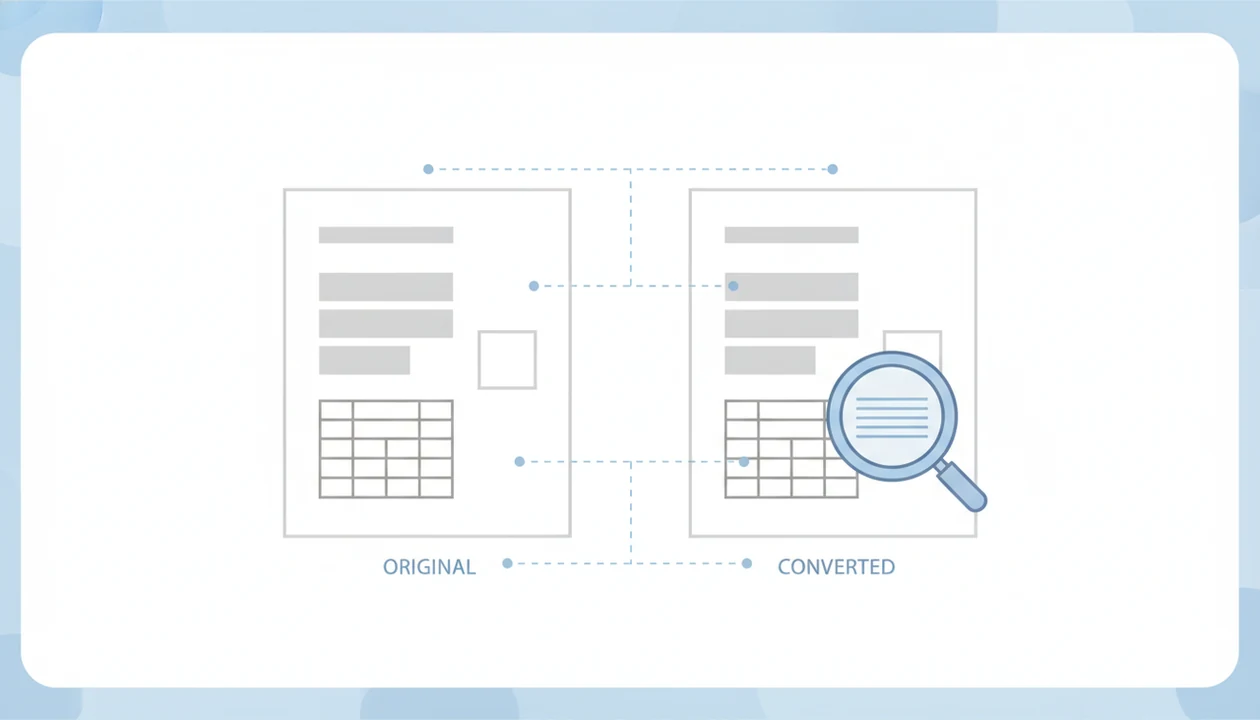 Two blank document layouts are compared with guide lines and a magnifying glass over a table.