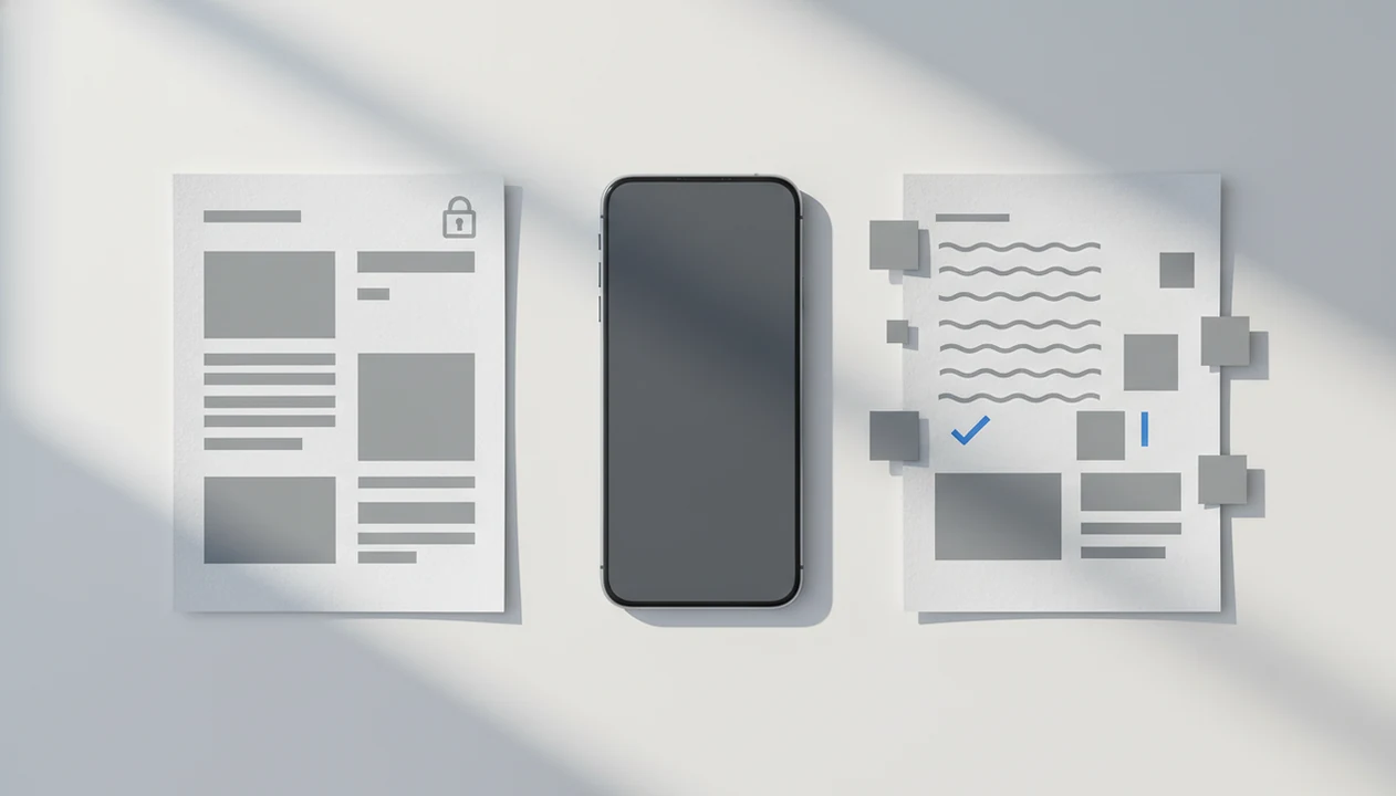 A smartphone between a fixed document page and an editable document layout on a desk.