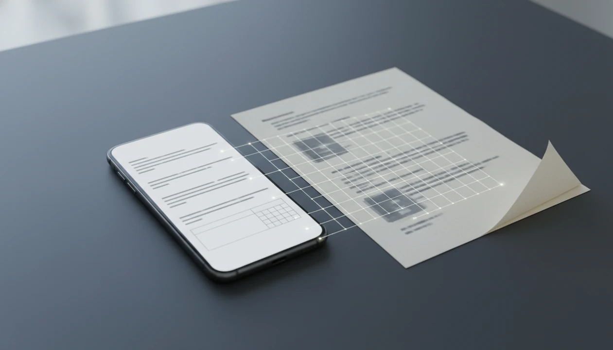 A scanned paper page appears to transform into editable document lines on a smartphone through OCR.