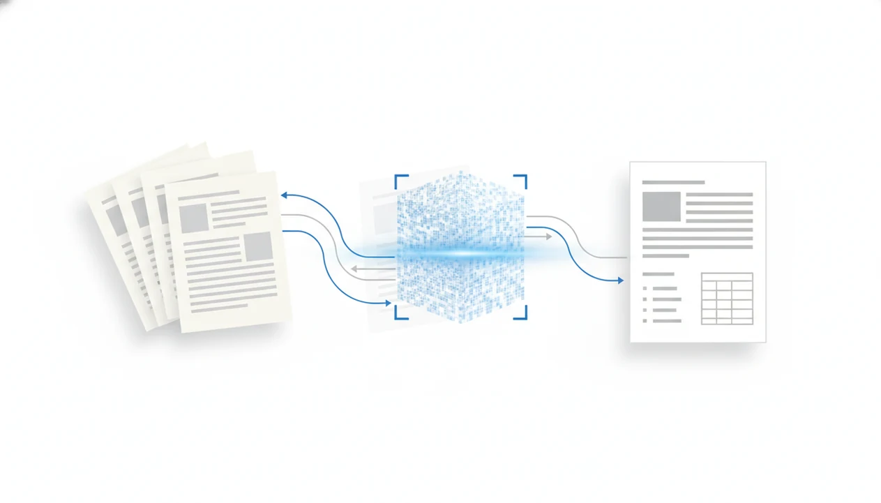 A visual pipeline shows scanned pages becoming a structured editable document through OCR processing.