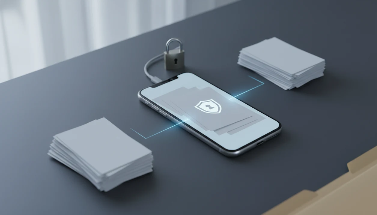 A phone, blank documents, and a metal padlock suggest secure PDF to Word conversion on mobile.
