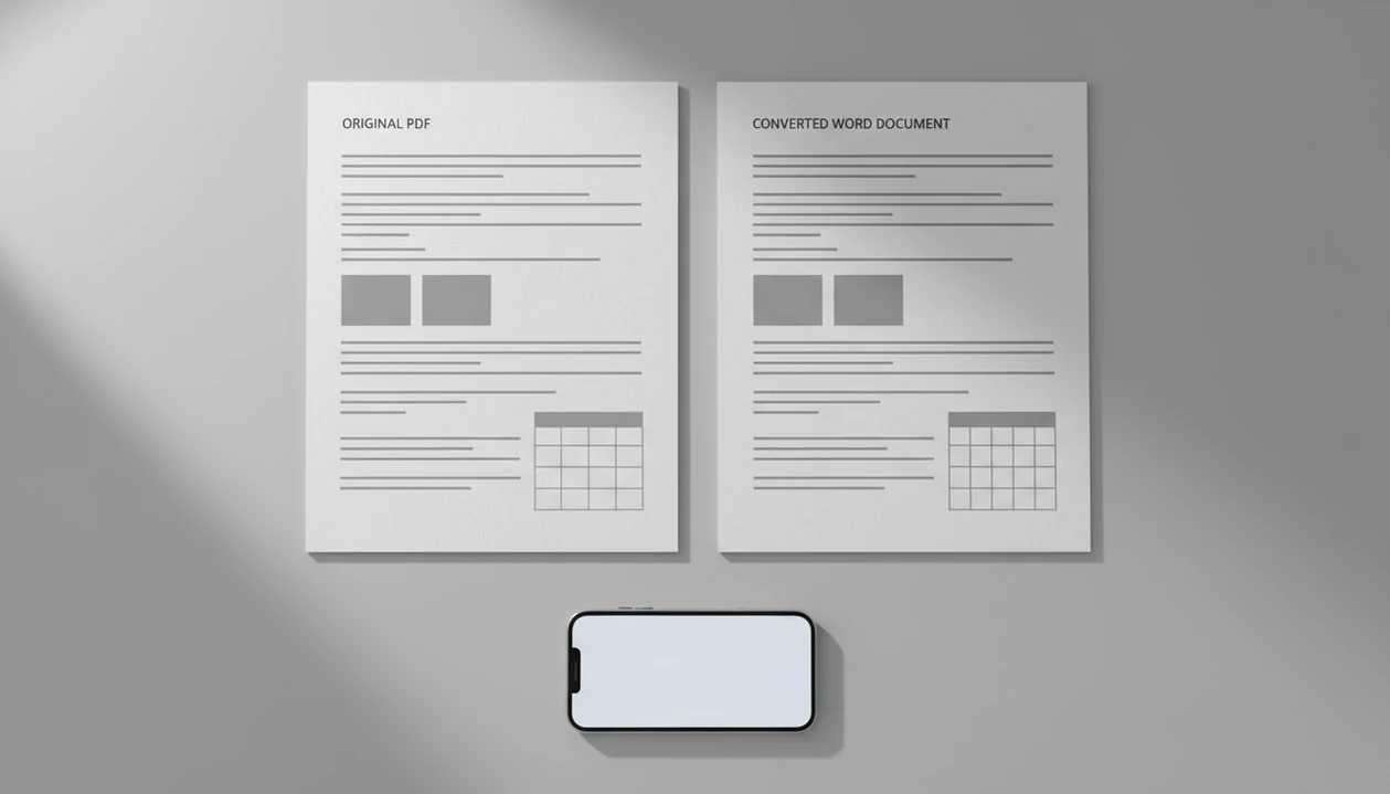 Side-by-side PDF and Word document pages show conversion differences on a clean desk.