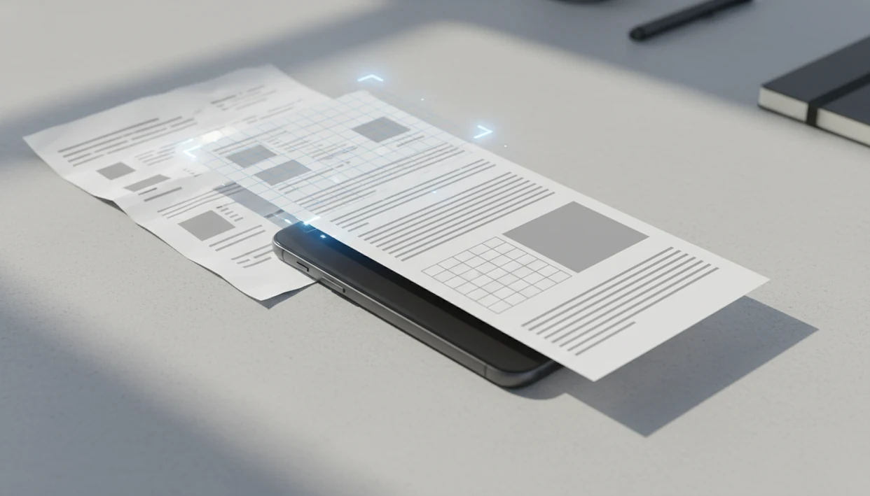 A phone converts PDF pages into an editable document with OCR grid highlights on a clean desk.