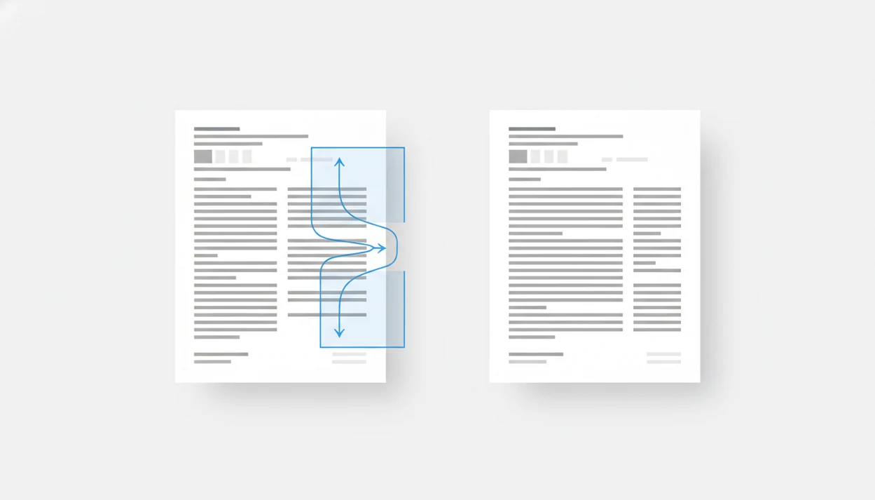 An abstract diagram shows a two-column PDF being analyzed and reorganized into an editable Word document.