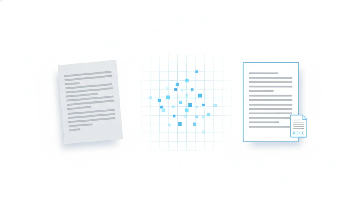 Illustration of a scanned PDF page being recognized by OCR and converted into an editable document.